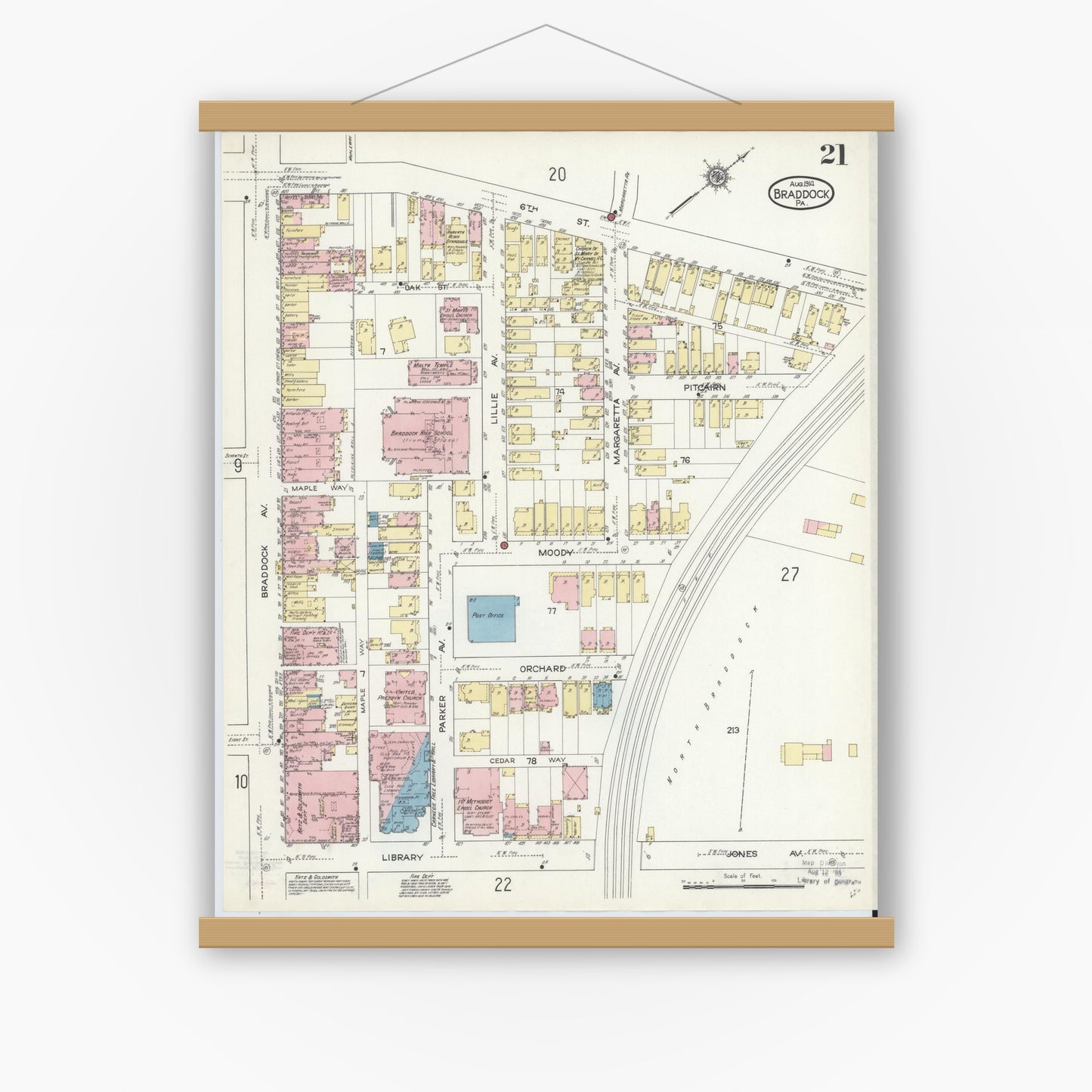 Old map wall art mockup — magnetic wood frame on white wall — Sanborn Fire Insurance Map from Braddock, Allegheny County, Pennsylvania (1914), Sheet #0021
