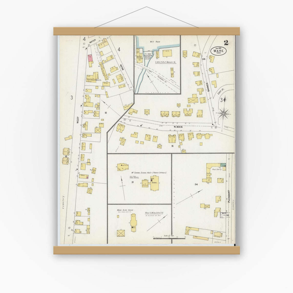 Old map wall art mockup — magnetic wood frame on white wall — Sanborn Fire Insurance Map from Ware, Hampshire County, Massachusetts (1902), Sheet #0002