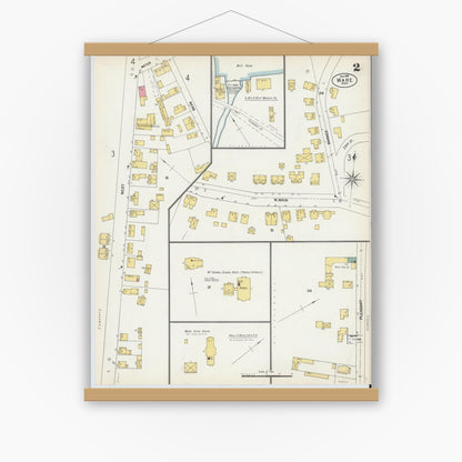 Old map wall art mockup — magnetic wood frame on white wall — Sanborn Fire Insurance Map from Ware, Hampshire County, Massachusetts (1902), Sheet #0002