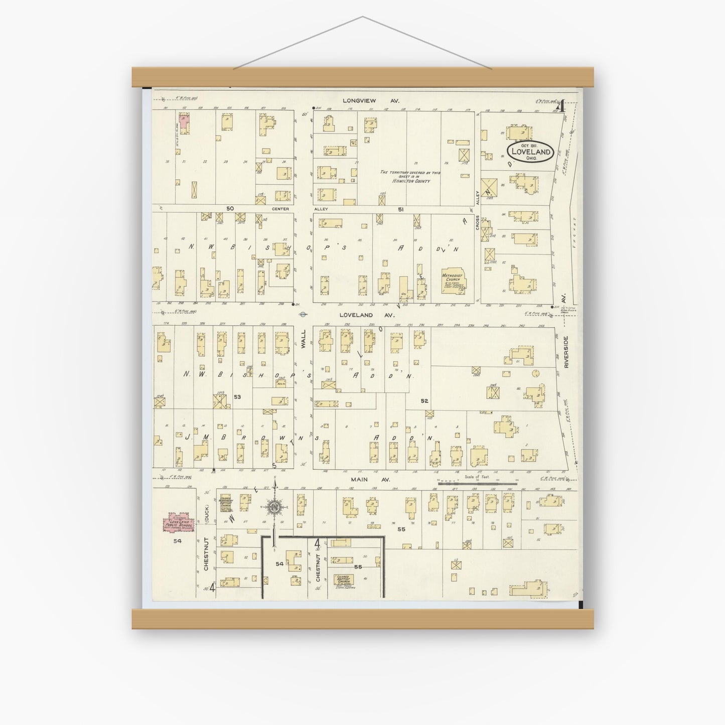 Old map wall art mockup — magnetic wood frame on white wall — Sanborn Fire Insurance Map from Loveland, Clermont, Hamilton, And Warren County, Ohio (1911), Sheet #0004