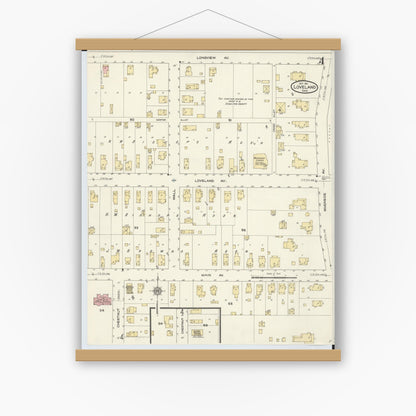 Old map wall art mockup — magnetic wood frame on white wall — Sanborn Fire Insurance Map from Loveland, Clermont, Hamilton, And Warren County, Ohio (1911), Sheet #0004