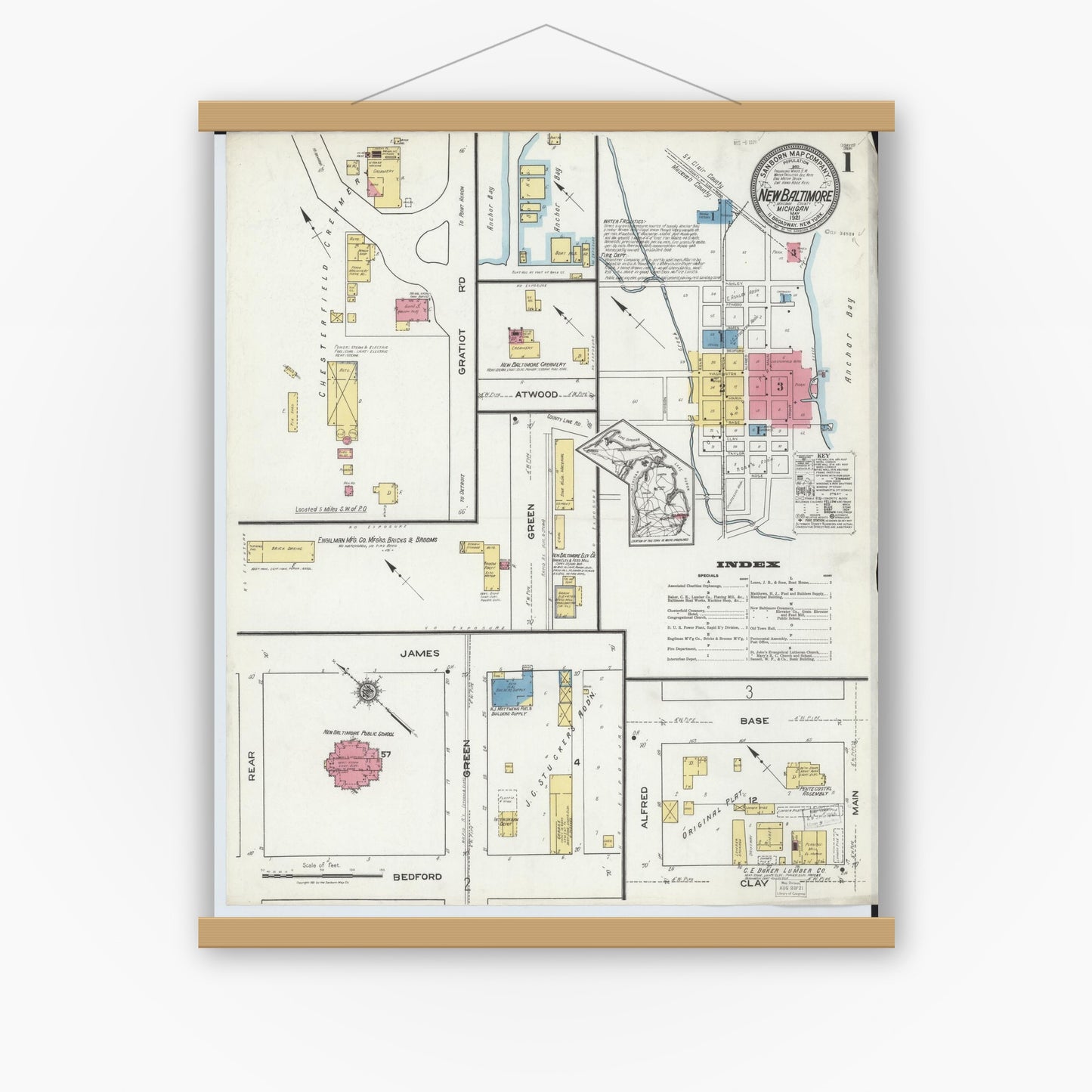 Old map wall art mockup — magnetic wood frame on white wall — Sanborn Fire Insurance Map from New Baltimore, Macomb County, Michigan (1921) - Complete Map Set