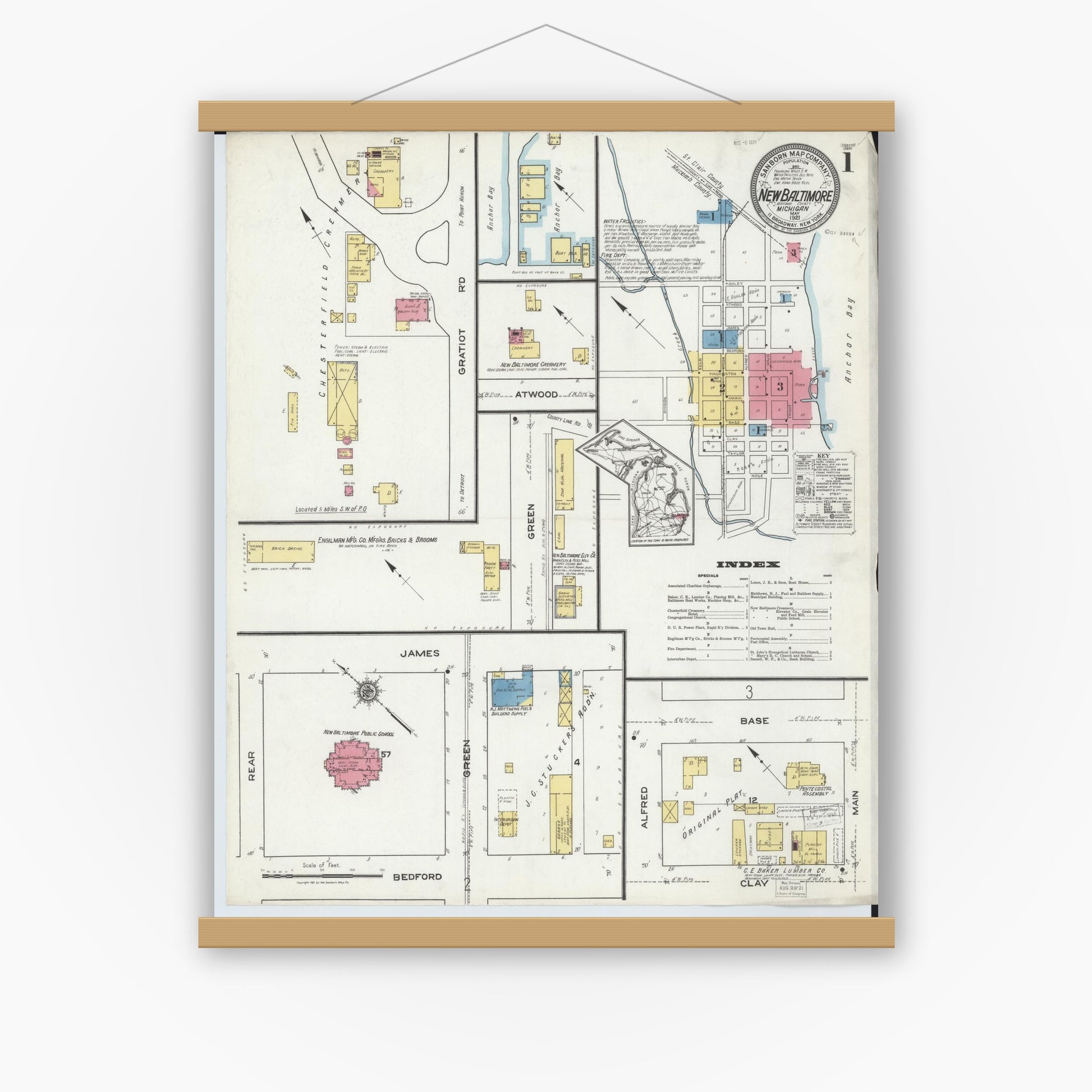 Old map wall art mockup — magnetic wood frame on white wall — Sanborn Fire Insurance Map from New Baltimore, Macomb County, Michigan (1921) - Complete Map Set