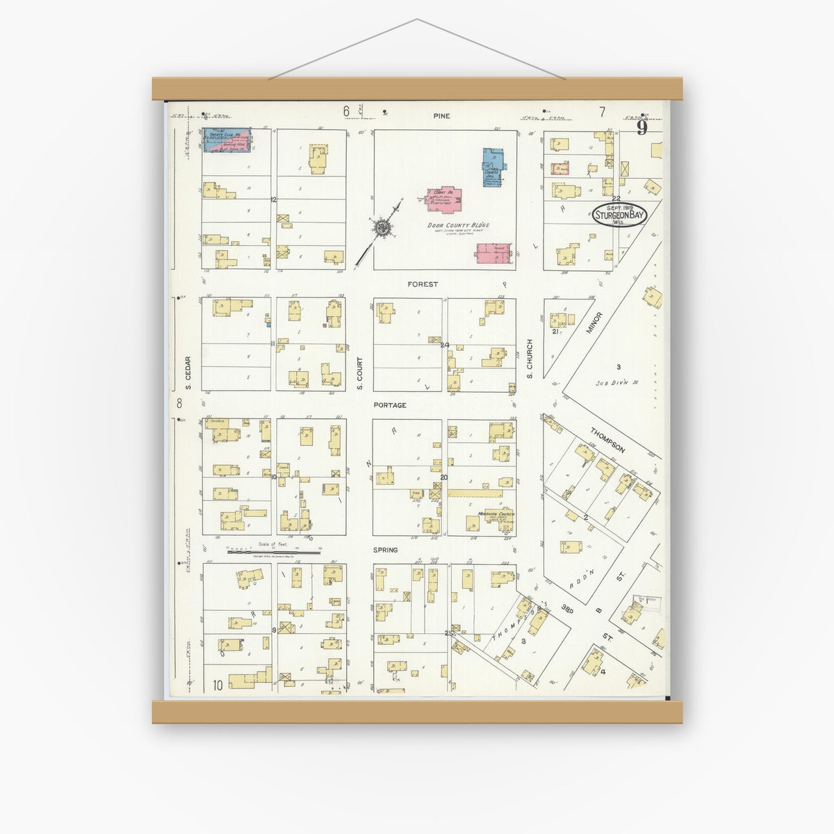 Old map wall art mockup — magnetic wood frame on white wall — Sanborn Fire Insurance Map from Sturgeon Bay, Door County, Wisconsin (1919), Sheet #0009