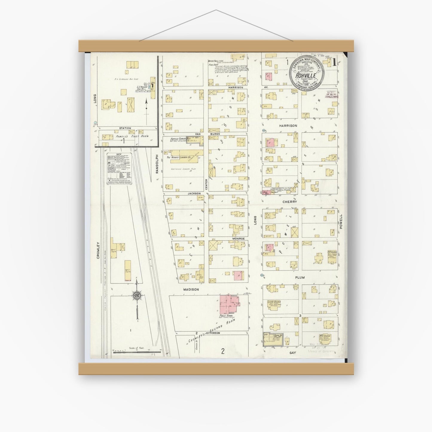 Old map wall art mockup — magnetic wood frame on white wall — Sanborn Fire Insurance Map from Ashville, Pickaway County, Ohio (1910), Sheet #0001