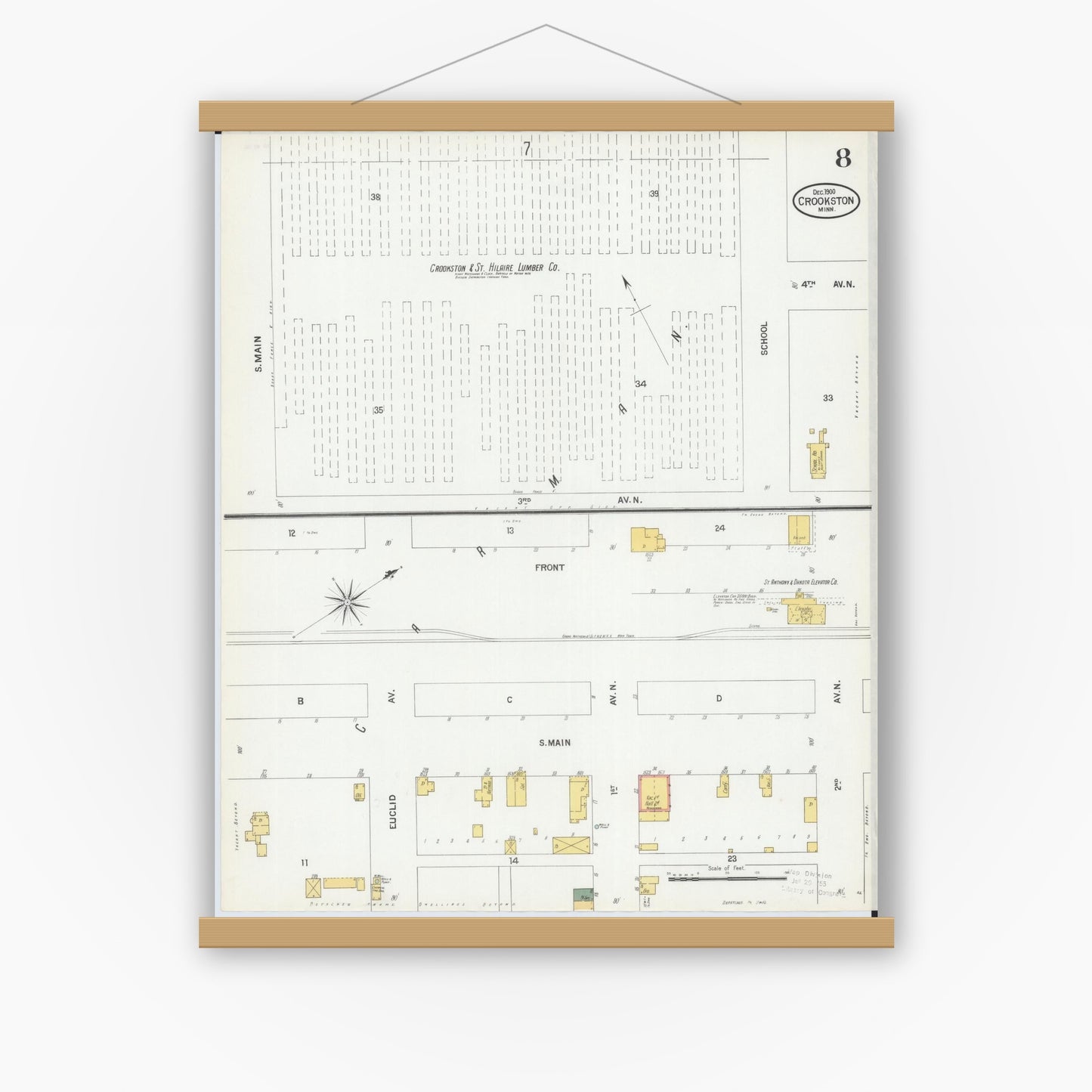 Old map wall art mockup — magnetic wood frame on white wall — Sanborn Fire Insurance Map from Crookston, Polk County, Minnesota (1900), Sheet #0008