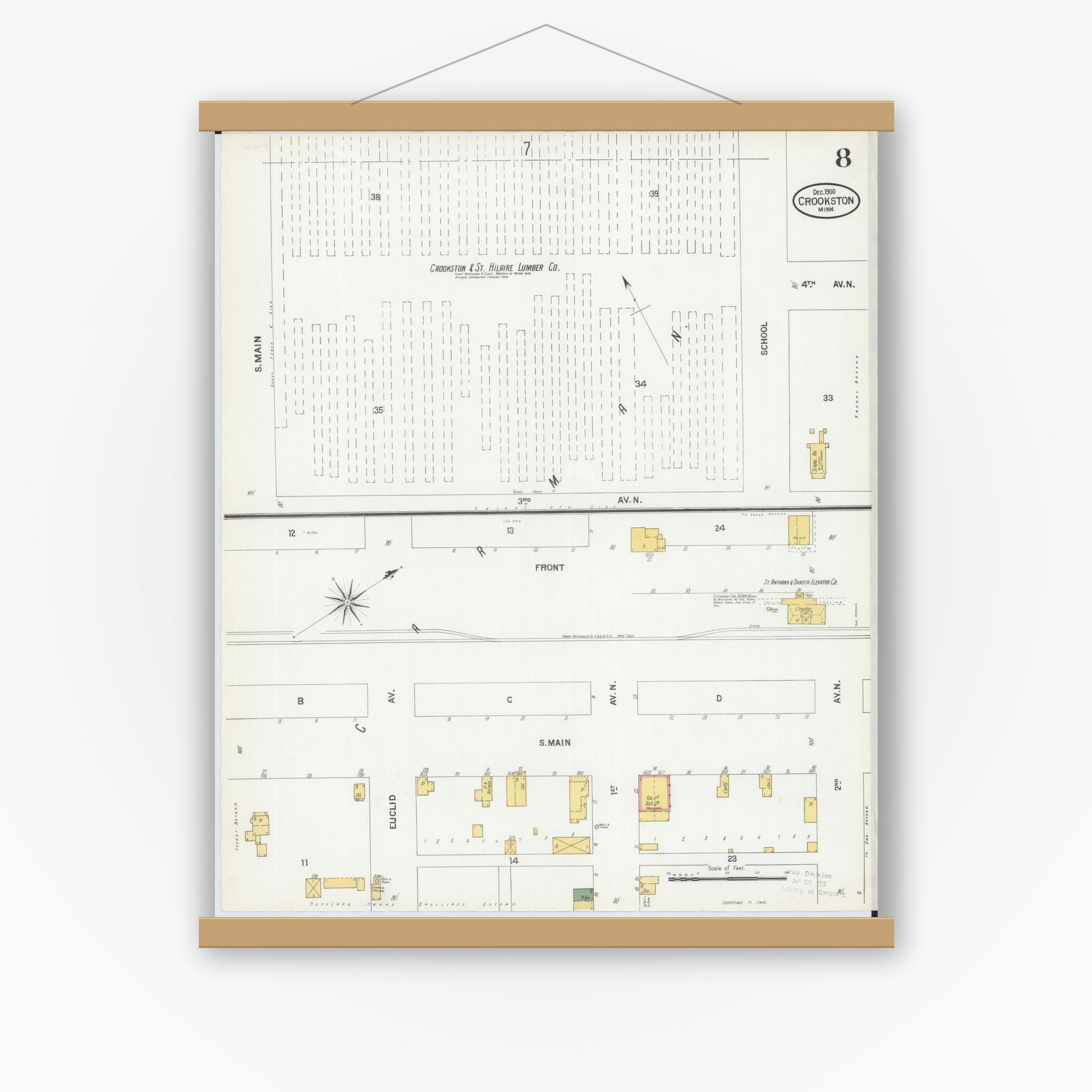 Old map wall art mockup — magnetic wood frame on white wall — Sanborn Fire Insurance Map from Crookston, Polk County, Minnesota (1900), Sheet #0008