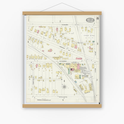 Old map wall art mockup — magnetic wood frame on white wall — Sanborn Fire Insurance Map from Bellefontaine, Logan County, Ohio (1896), Sheet #0008