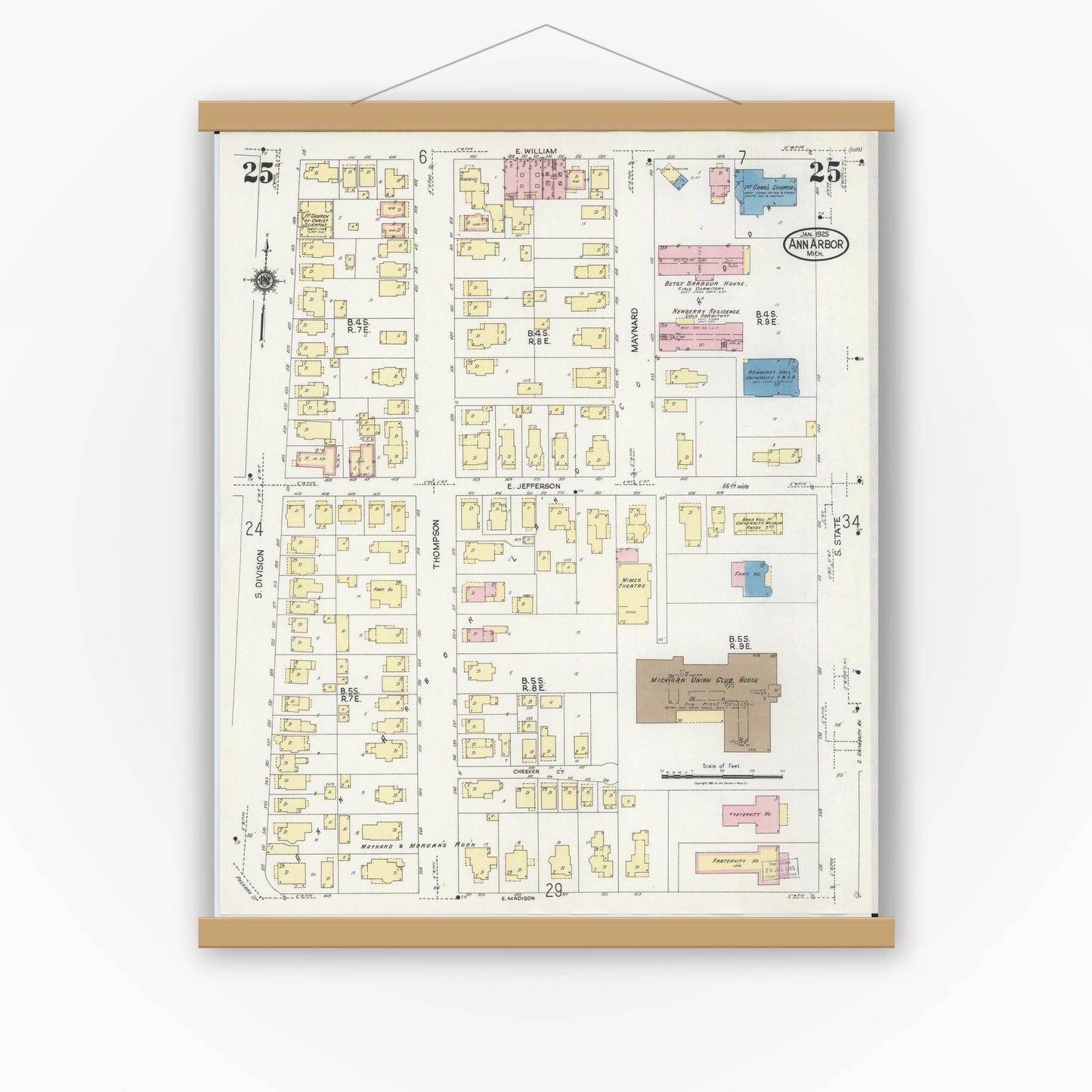 Old map wall art mockup — magnetic wood frame on white wall — Sanborn Fire Insurance Map from Ann Arbor, Washtenaw County, Michigan (1925), Sheet #0025