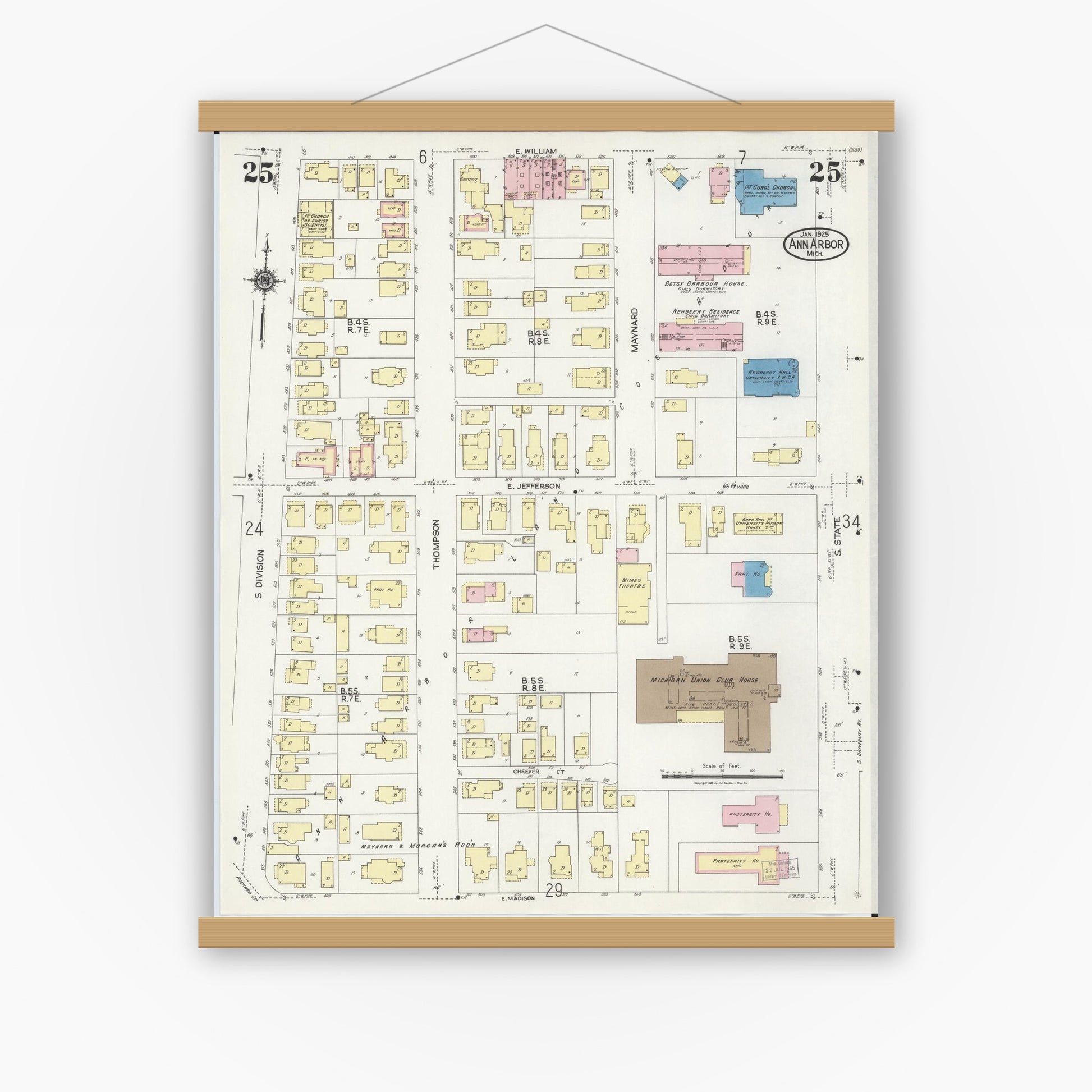 Old map wall art mockup — magnetic wood frame on white wall — Sanborn Fire Insurance Map from Ann Arbor, Washtenaw County, Michigan (1925), Sheet #0025