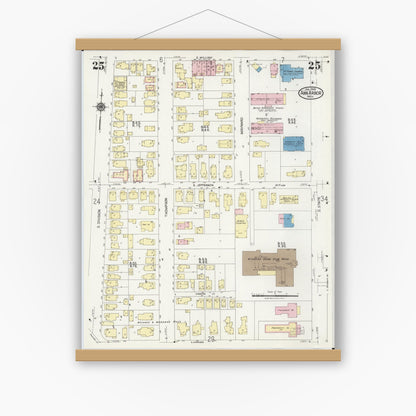 Old map wall art mockup — magnetic wood frame on white wall — Sanborn Fire Insurance Map from Ann Arbor, Washtenaw County, Michigan (1925), Sheet #0025