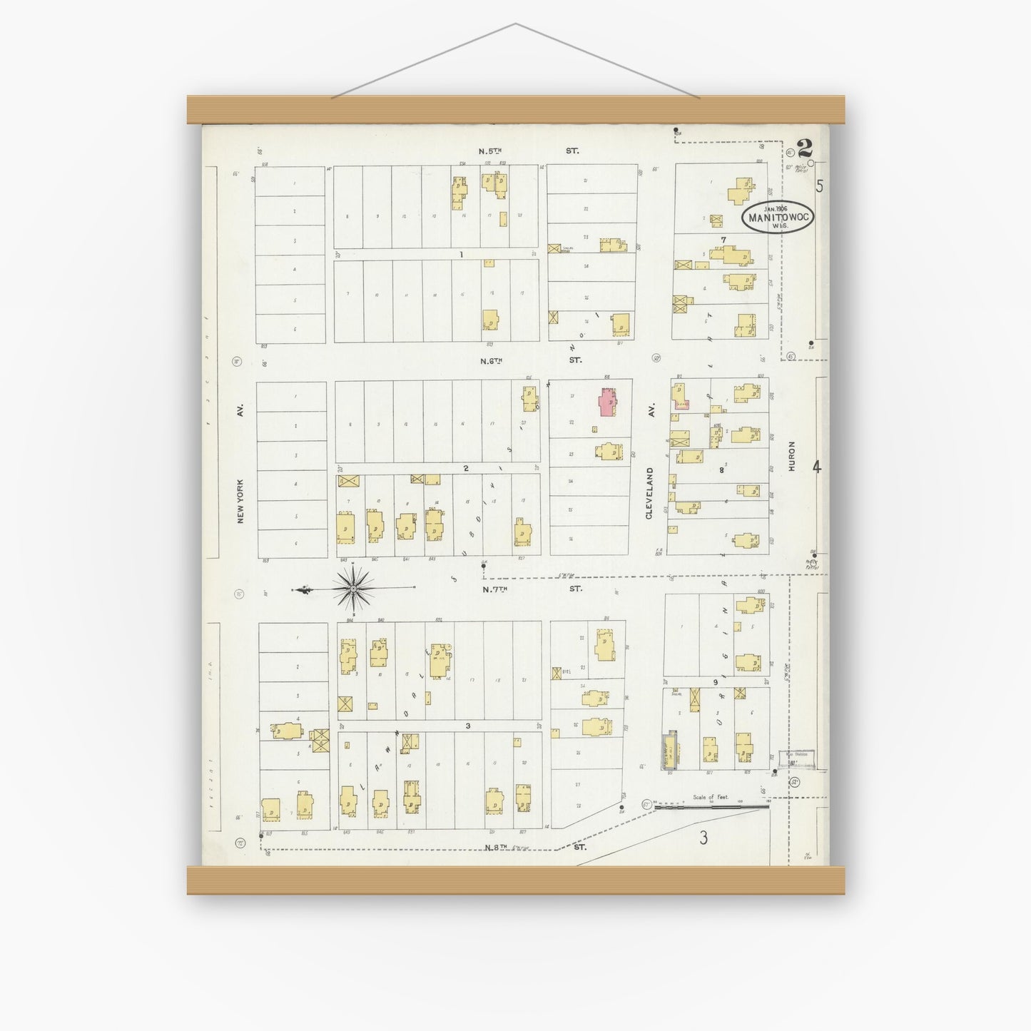 Old map wall art mockup — magnetic wood frame on white wall — Sanborn Fire Insurance Map from Manitowoc, Manitowoc County, Wisconsin (1906), Sheet #0002