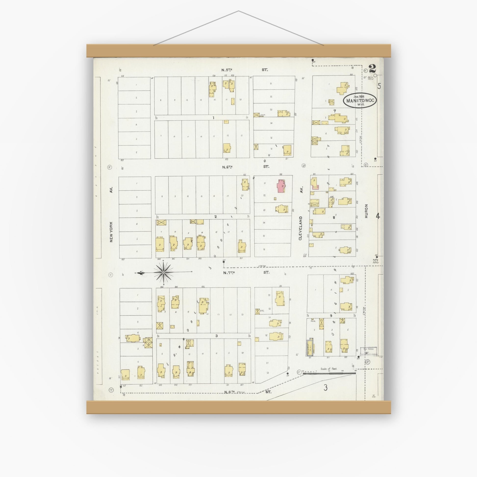 Old map wall art mockup — magnetic wood frame on white wall — Sanborn Fire Insurance Map from Manitowoc, Manitowoc County, Wisconsin (1906), Sheet #0002