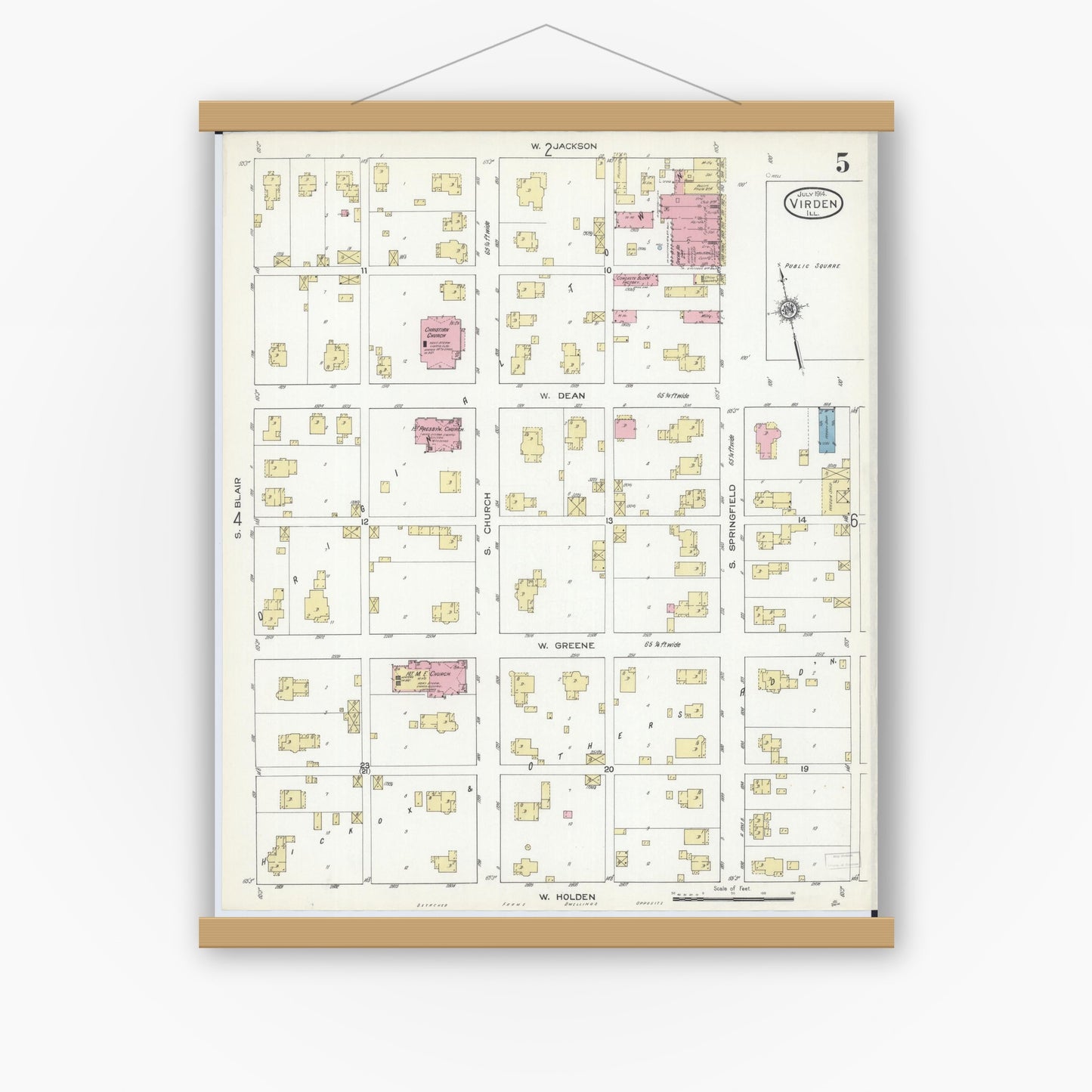 Old map wall art mockup — magnetic wood frame on white wall — Sanborn Fire Insurance Map from Virden, Macoupin County, Illinois (1914), Sheet #0005