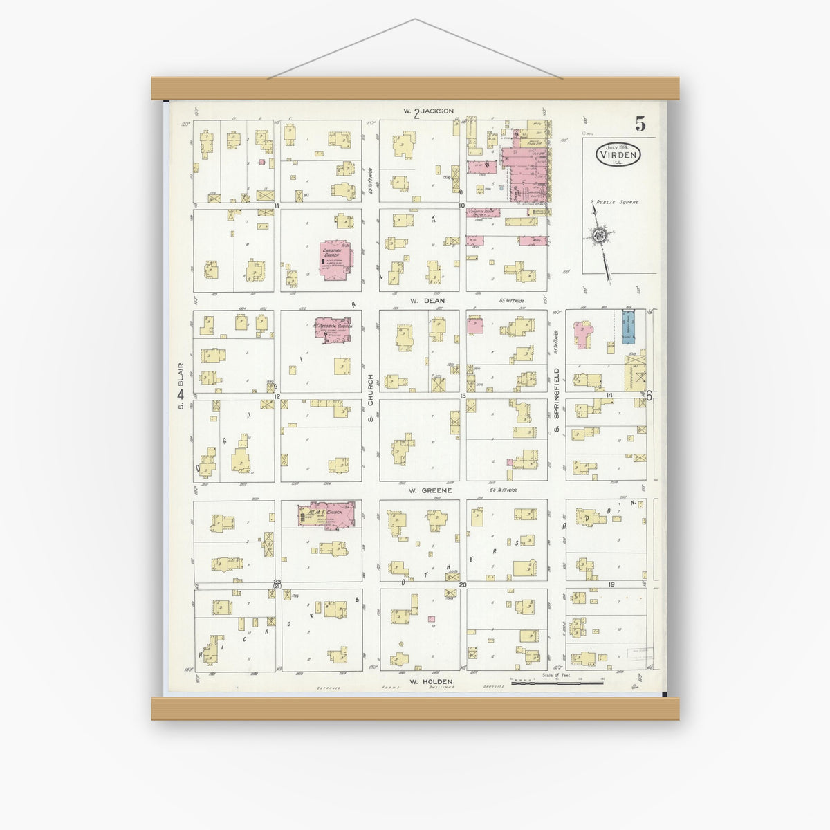Old map wall art mockup — magnetic wood frame on white wall — Sanborn Fire Insurance Map from Virden, Macoupin County, Illinois (1914), Sheet #0005