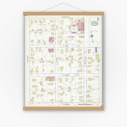 Old map wall art mockup — magnetic wood frame on white wall — Sanborn Fire Insurance Map from Virden, Macoupin County, Illinois (1914), Sheet #0005