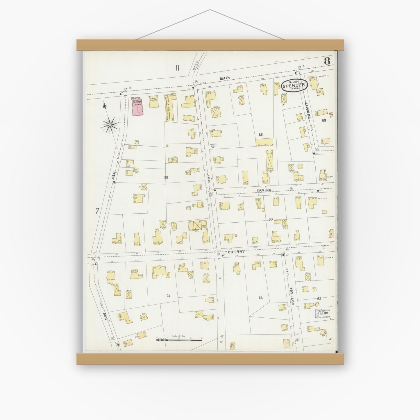 Old map wall art mockup — magnetic wood frame on white wall — Sanborn Fire Insurance Map from Spencer, Worcester County, Massachusetts (1896), Sheet #0008