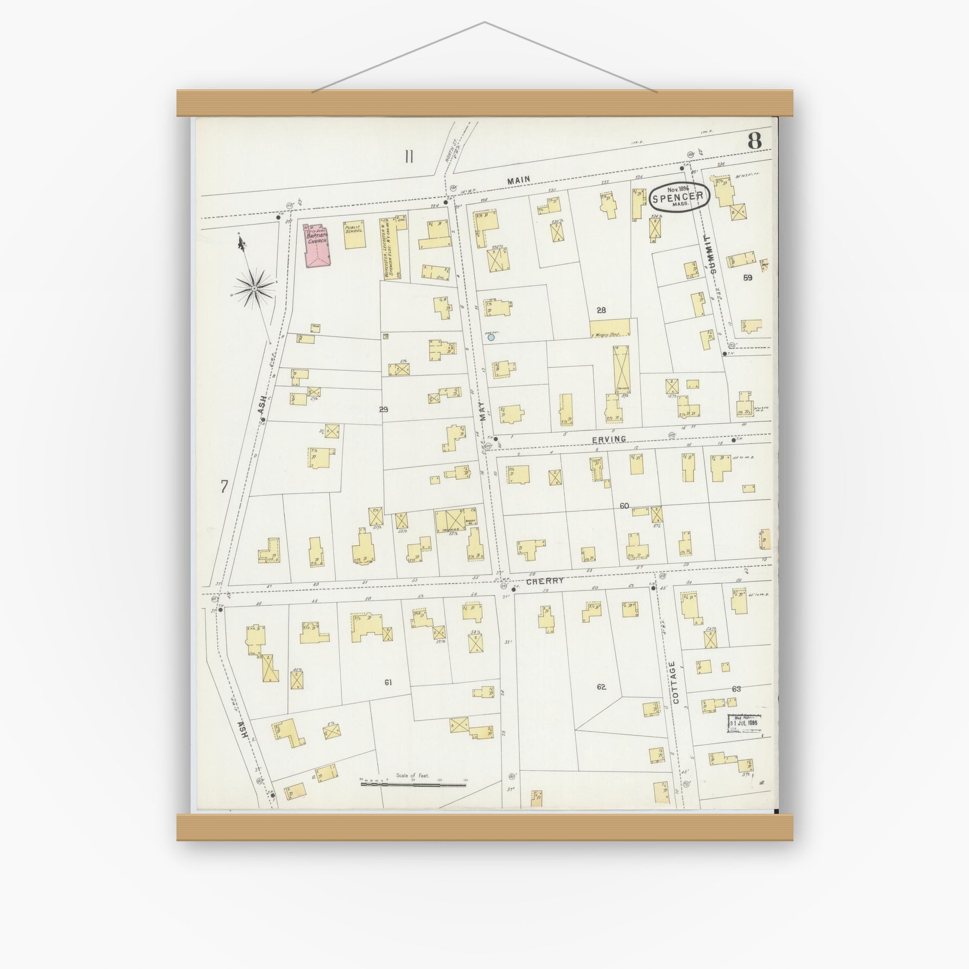 Old map wall art mockup — magnetic wood frame on white wall — Sanborn Fire Insurance Map from Spencer, Worcester County, Massachusetts (1896), Sheet #0008