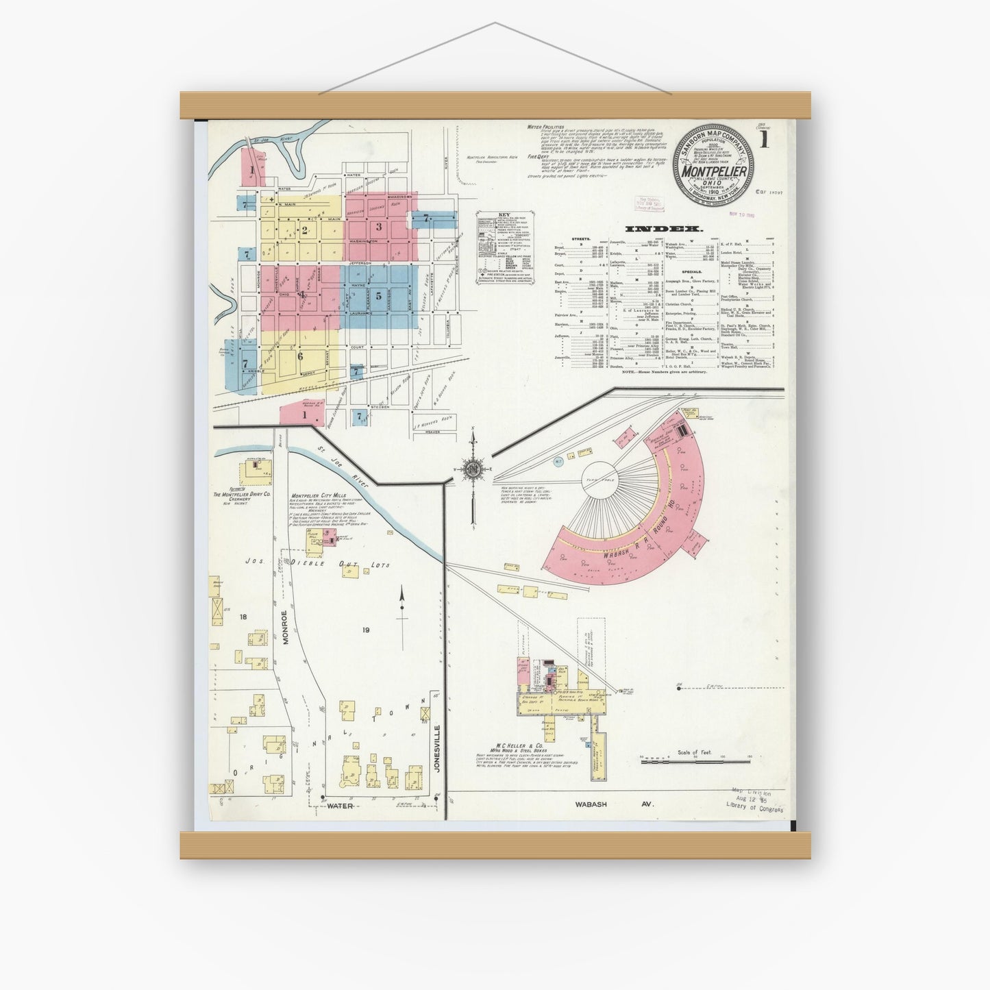 Old map wall art mockup — magnetic wood frame on white wall — Sanborn Fire Insurance Map from Montpelier, Williams County, Ohio (1910) - Complete Map Set