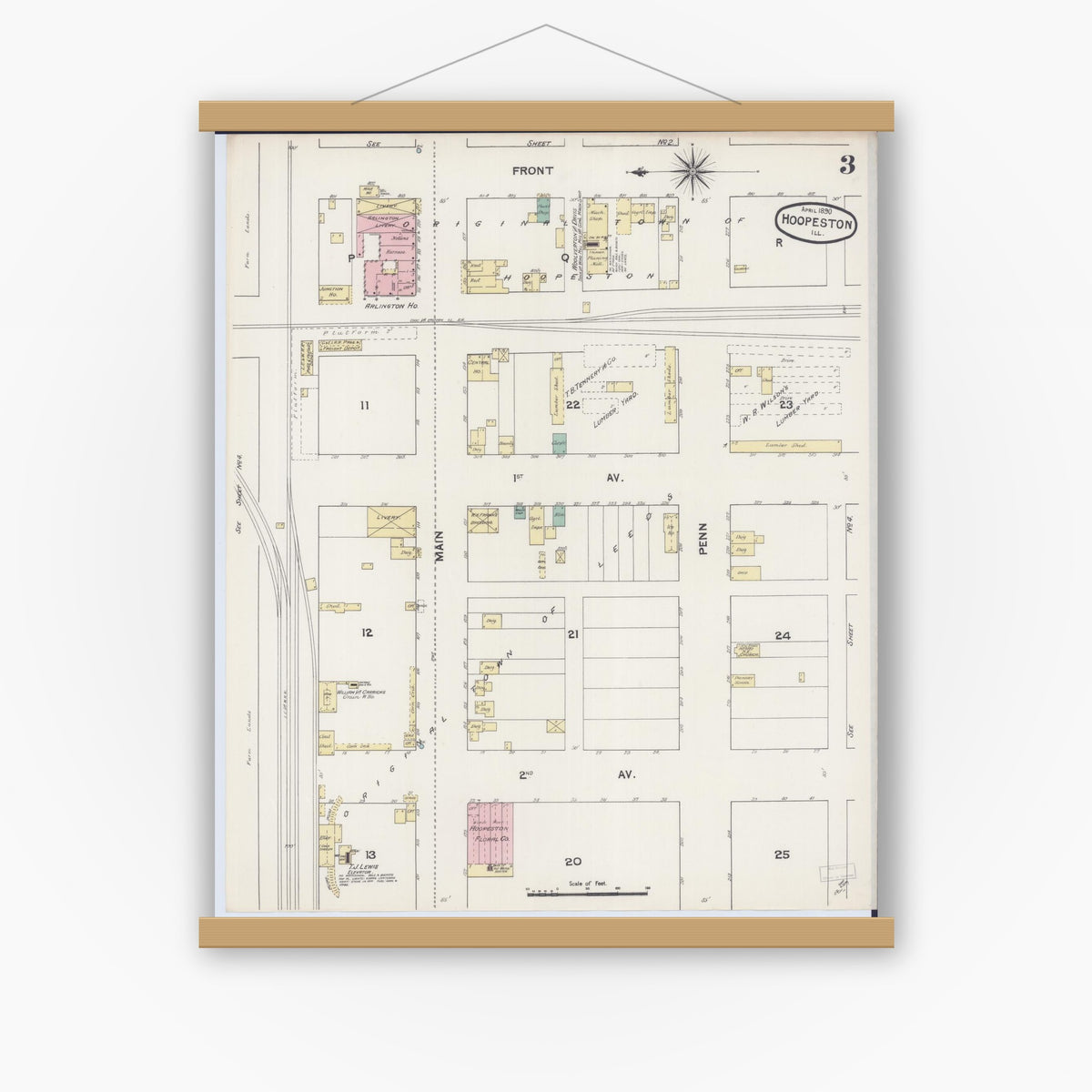 Old map wall art mockup — magnetic wood frame on white wall — Sanborn Fire Insurance Map from Hoopeston, Vermilion County, Illinois (1890), Sheet #0003