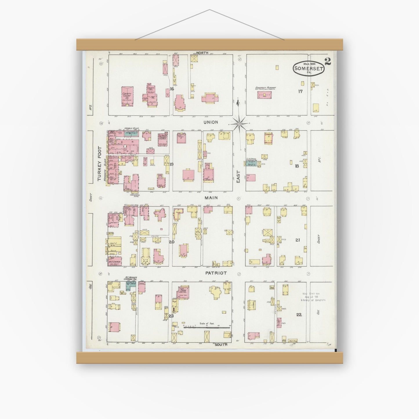 Old map wall art mockup — magnetic wood frame on white wall — Sanborn Fire Insurance Map from Somerset, Somerset County, Pennsylvania (1892), Sheet #0002