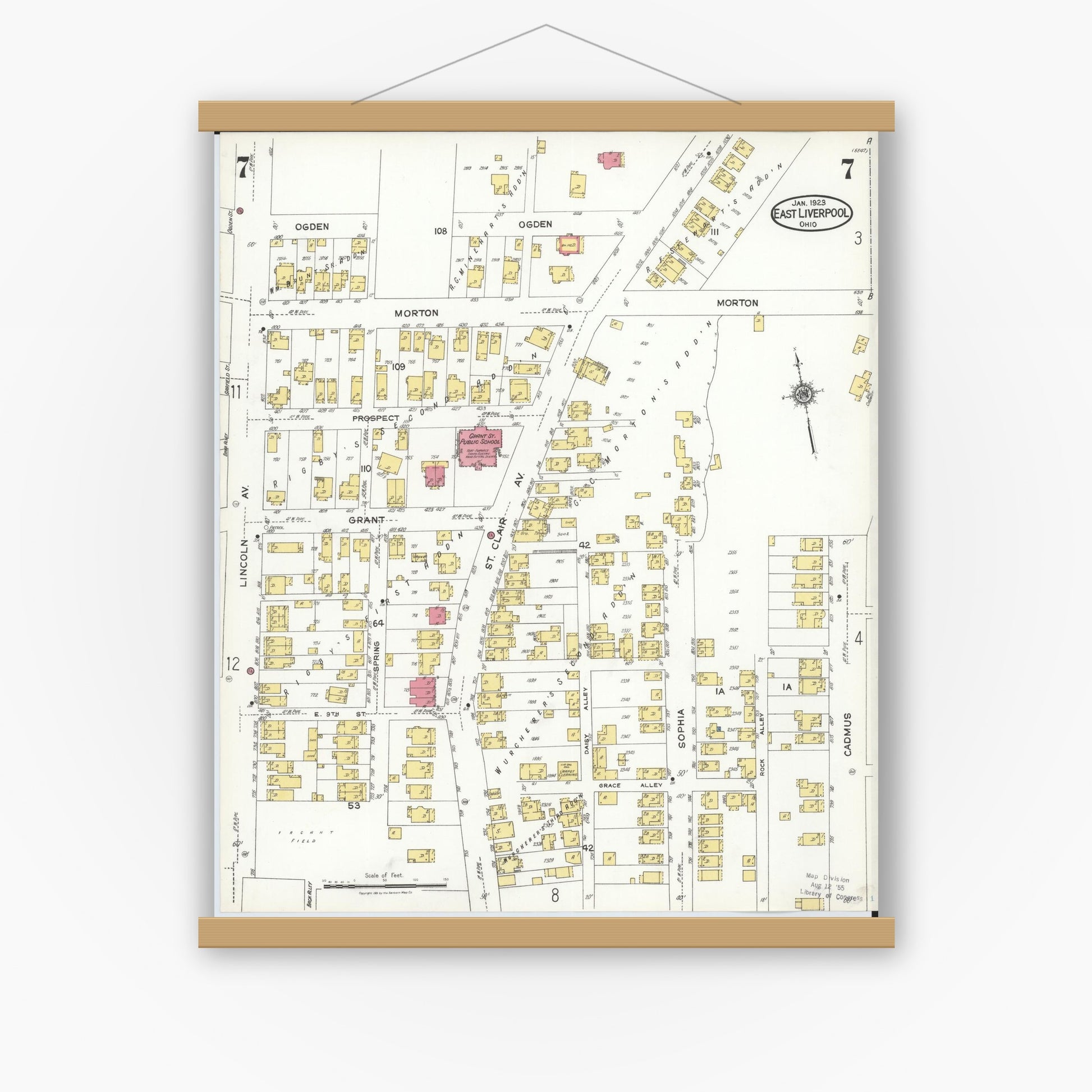 Old map wall art mockup — magnetic wood frame on white wall — Sanborn Fire Insurance Map from East Liverpool, Columbiana County, Ohio (1923), Sheet #0007