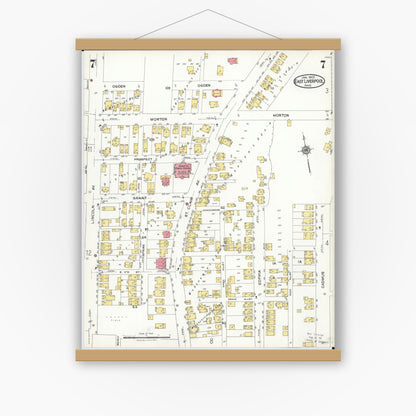 Old map wall art mockup — magnetic wood frame on white wall — Sanborn Fire Insurance Map from East Liverpool, Columbiana County, Ohio (1923), Sheet #0007