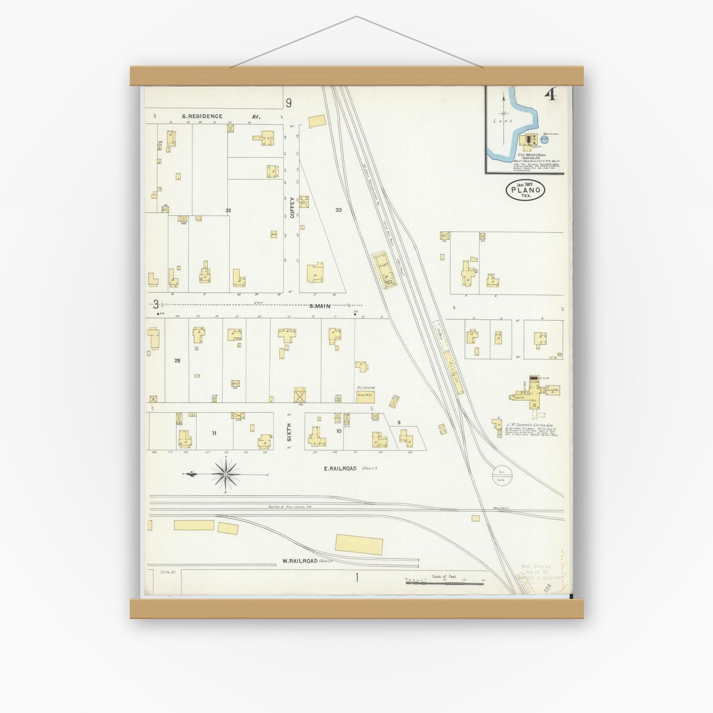 Old map wall art mockup — magnetic wood frame on white wall — Sanborn Fire Insurance Map from Plano, Collin County, Texas (1907), Sheet #0004