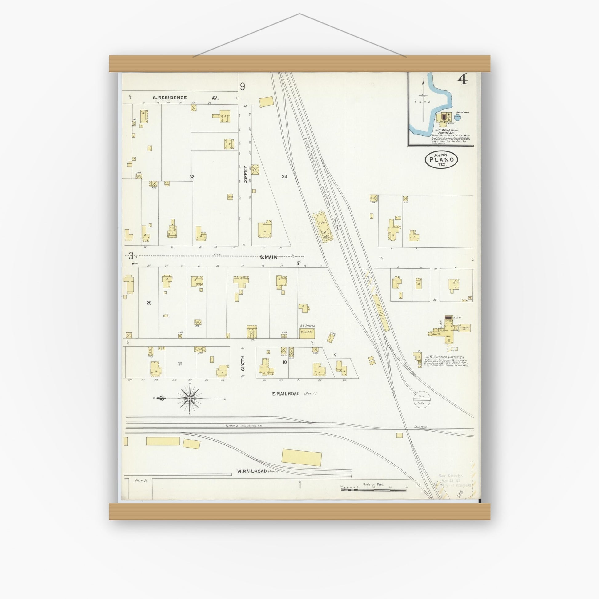 Old map wall art mockup — magnetic wood frame on white wall — Sanborn Fire Insurance Map from Plano, Collin County, Texas (1907), Sheet #0004
