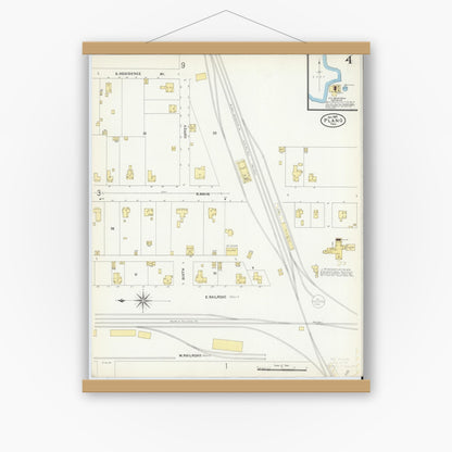 Old map wall art mockup — magnetic wood frame on white wall — Sanborn Fire Insurance Map from Plano, Collin County, Texas (1907), Sheet #0004