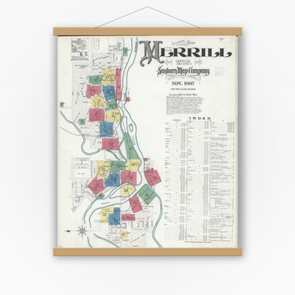 Old map wall art mockup — magnetic wood frame on white wall — Sanborn Fire Insurance Map from Merrill, Lincoln County, Wisconsin (1907) - Complete Map Set