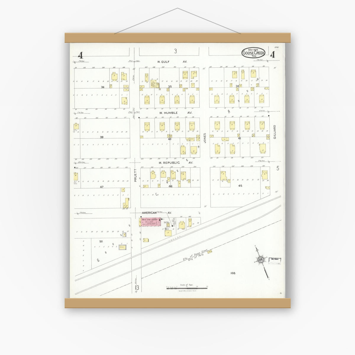 Old map wall art mockup — magnetic wood frame on white wall — Sanborn Fire Insurance Map from Goose Creek, Harris County, Texas (1926), Sheet #0004