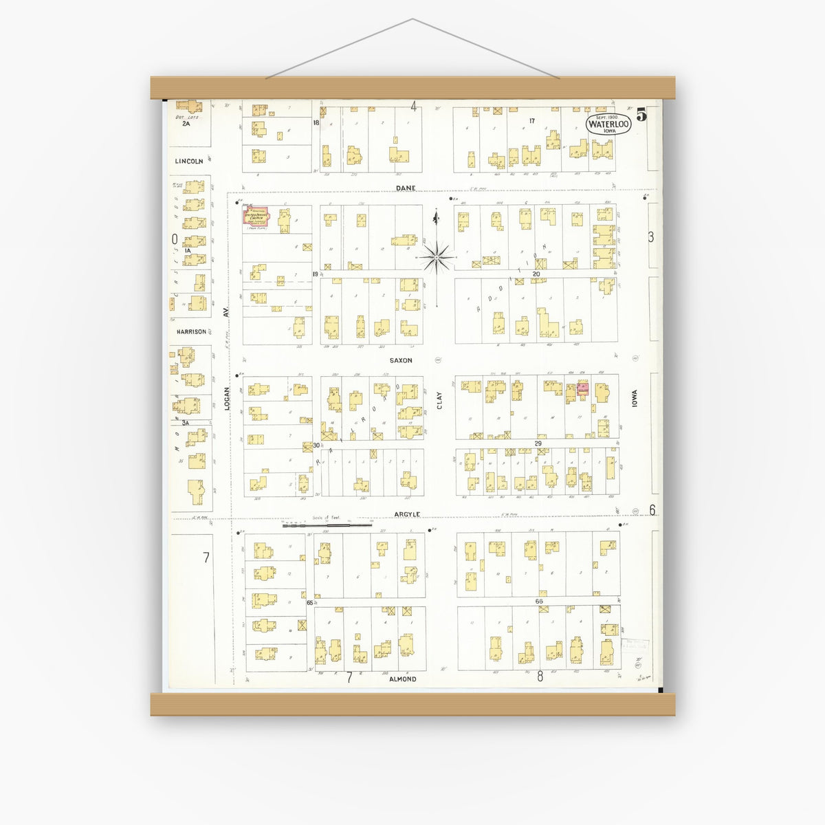 Old map wall art mockup — magnetic wood frame on white wall — Sanborn Fire Insurance Map from Waterloo, Black Hawk County, Iowa (1900), Sheet #0005