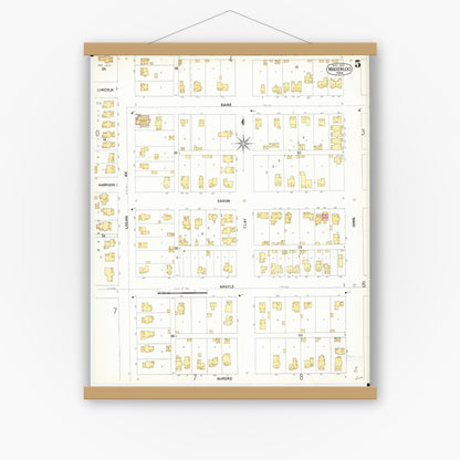 Old map wall art mockup — magnetic wood frame on white wall — Sanborn Fire Insurance Map from Waterloo, Black Hawk County, Iowa (1900), Sheet #0005