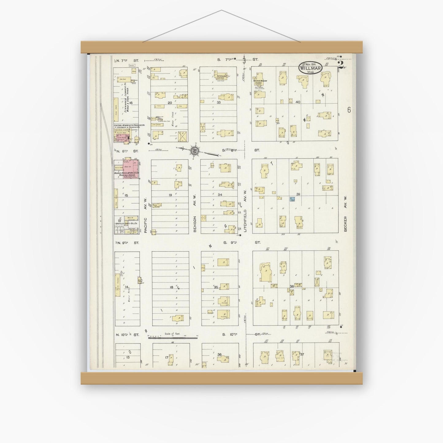 Old map wall art mockup — magnetic wood frame on white wall — Sanborn Fire Insurance Map from Willmar, Kandiyohi County, Minnesota (1914), Sheet #0002