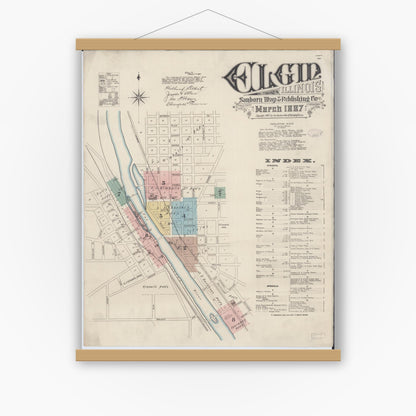 Old map wall art mockup — magnetic wood frame on white wall — Sanborn Fire Insurance Map from Elgin, Kane County, Illinois (1887), Sheet #0001