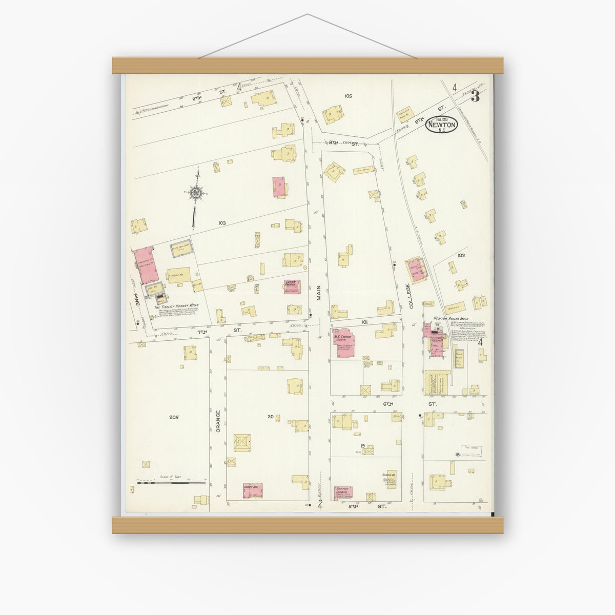 Old map wall art mockup — magnetic wood frame on white wall — Sanborn Fire Insurance Map from Newton, Catawba County, North Carolina (1913), Sheet #0003