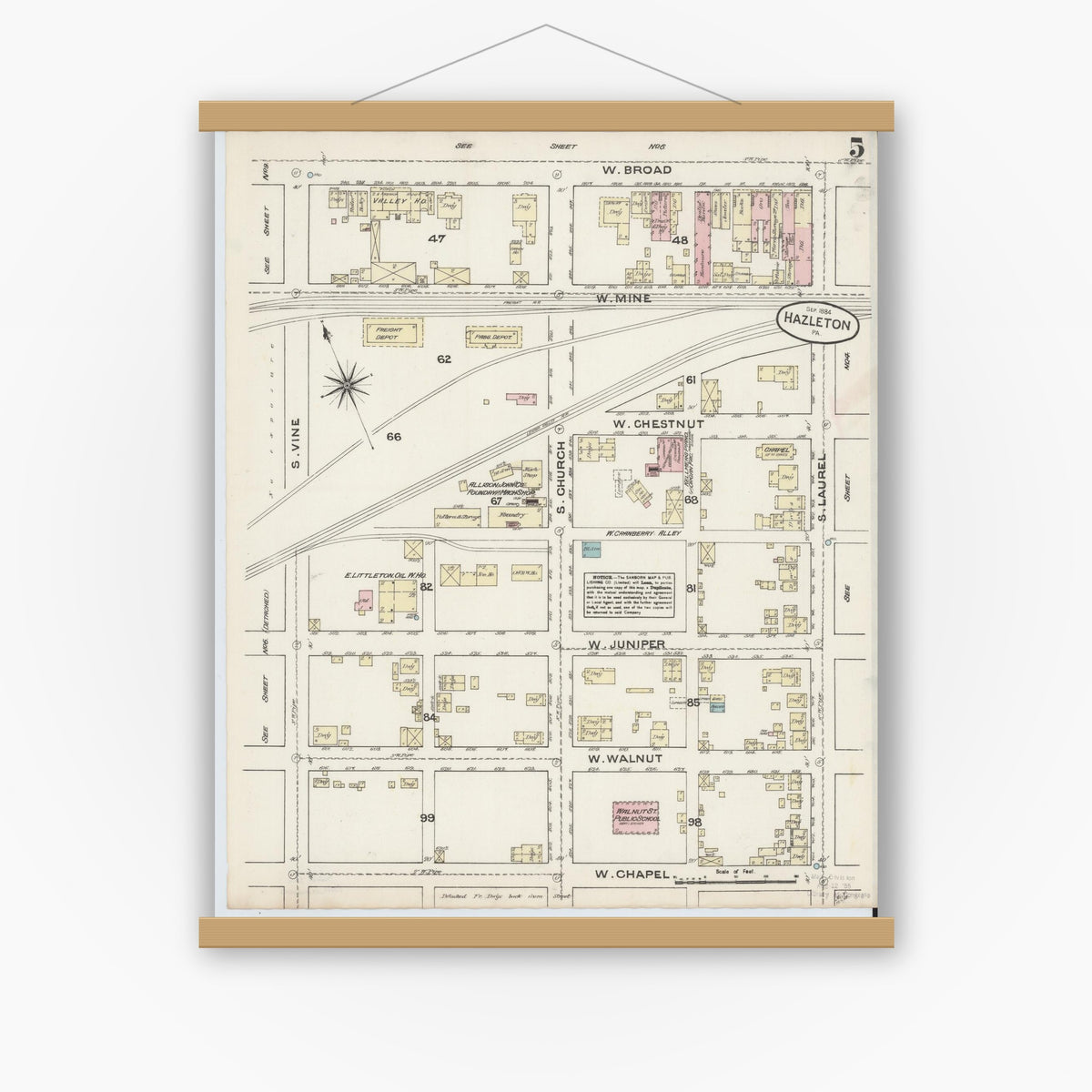 Old map wall art mockup — magnetic wood frame on white wall — Sanborn Fire Insurance Map from Hazleton, Luzerne County, Pennsylvania (1884), Sheet #0005