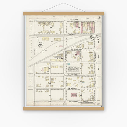 Old map wall art mockup — magnetic wood frame on white wall — Sanborn Fire Insurance Map from Hazleton, Luzerne County, Pennsylvania (1884), Sheet #0005