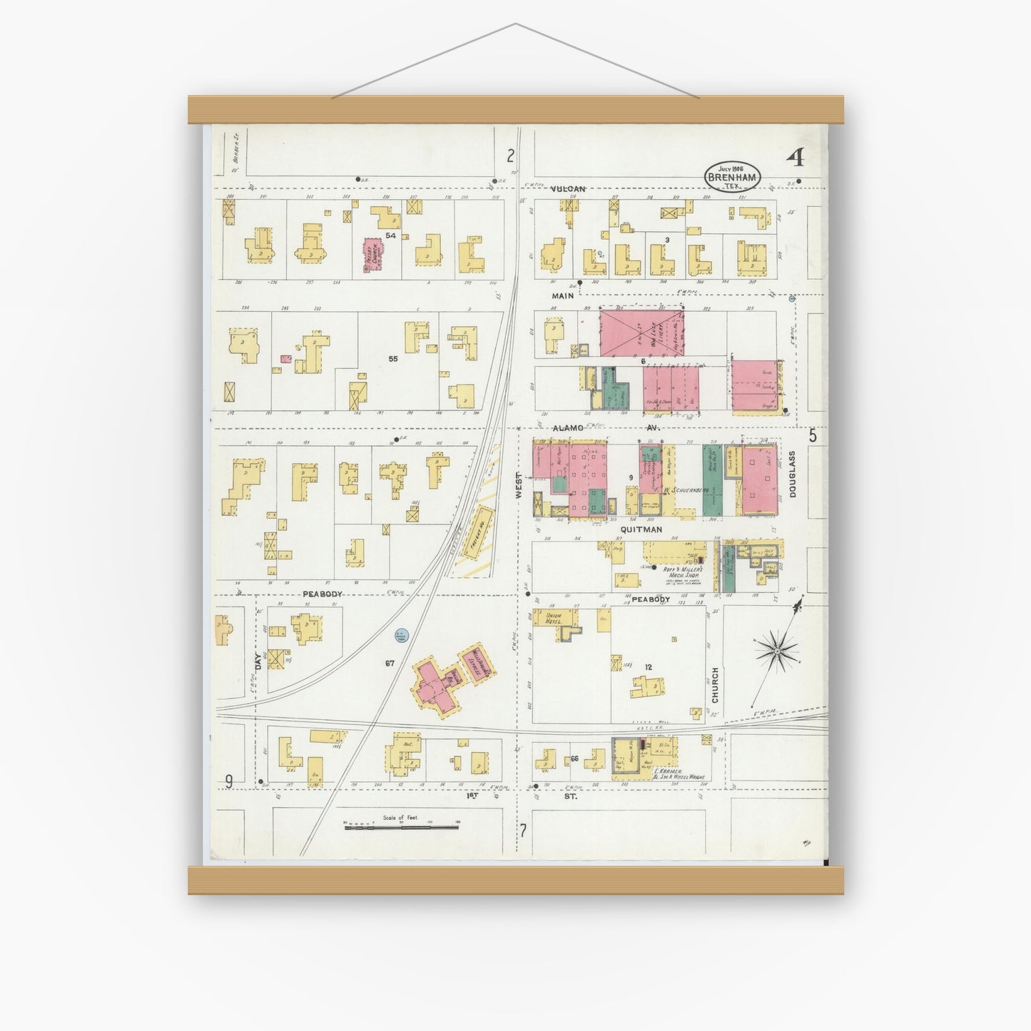 Old map wall art mockup — magnetic wood frame on white wall — Sanborn Fire Insurance Map from Brenham, Washington County, Texas (1906), Sheet #0004