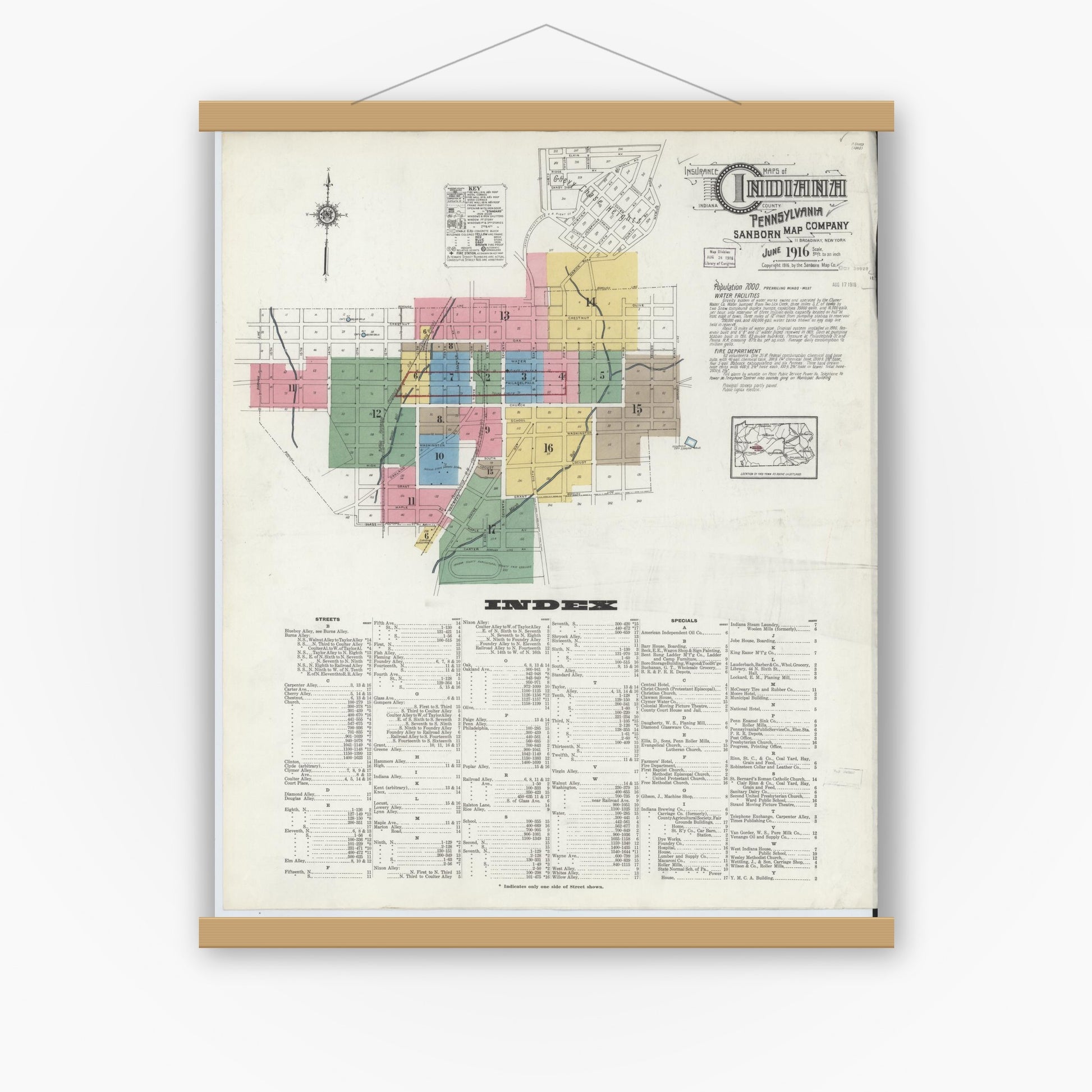 Old map wall art mockup — magnetic wood frame on white wall — Sanborn Fire Insurance Map from Indiana, Indiana County, Pennsylvania (1916), Sheet #0001