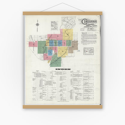 Old map wall art mockup — magnetic wood frame on white wall — Sanborn Fire Insurance Map from Indiana, Indiana County, Pennsylvania (1916), Sheet #0001