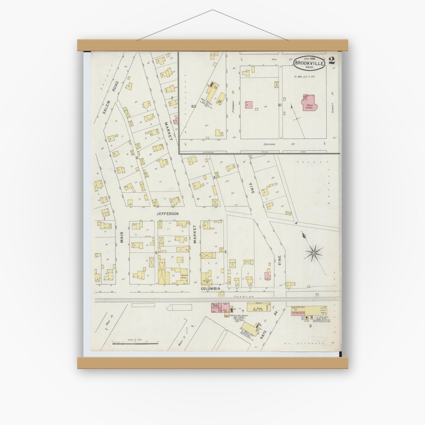 Old map wall art mockup — magnetic wood frame on white wall — Sanborn Fire Insurance Map from Brookville, Montgomery County, Ohio (1895), Sheet #0002