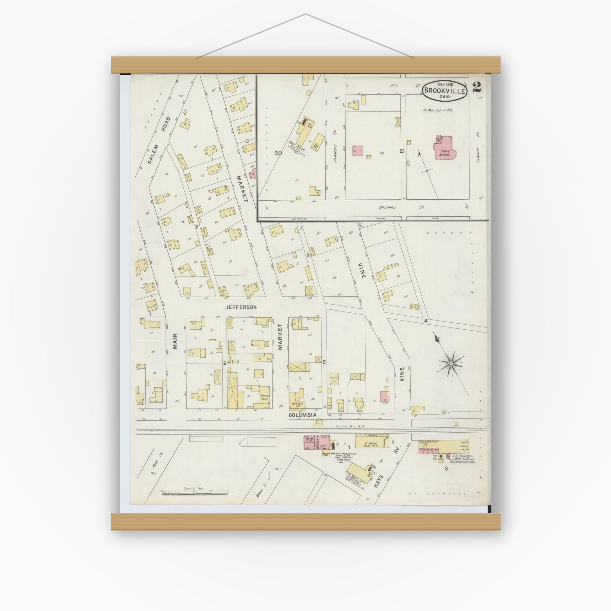 Old map wall art mockup — magnetic wood frame on white wall — Sanborn Fire Insurance Map from Brookville, Montgomery County, Ohio (1895), Sheet #0002