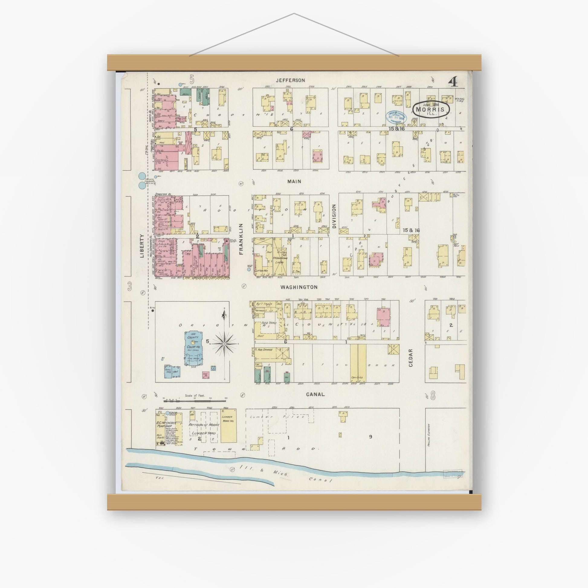 Old map wall art mockup — magnetic wood frame on white wall — Sanborn Fire Insurance Map from Morris, Grundy County, Illinois (1894), Sheet #0004