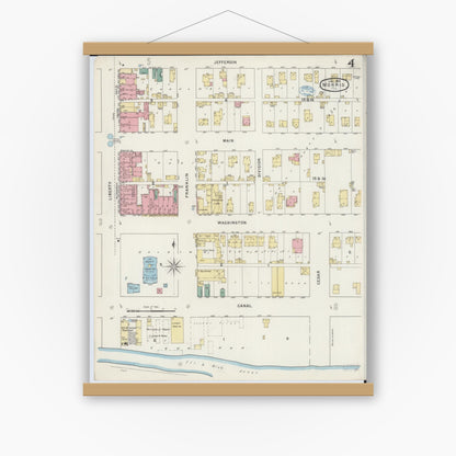 Old map wall art mockup — magnetic wood frame on white wall — Sanborn Fire Insurance Map from Morris, Grundy County, Illinois (1894), Sheet #0004