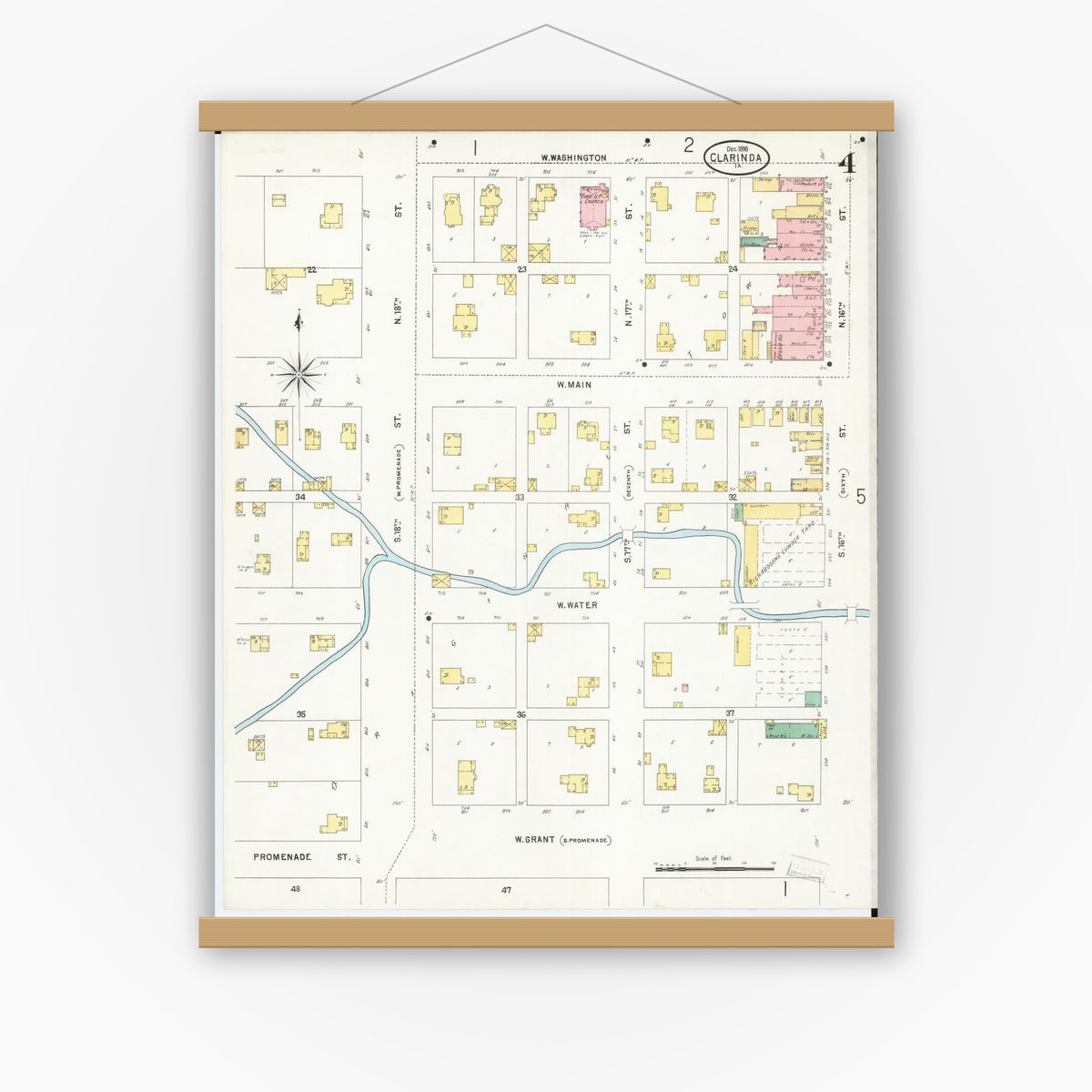Old map wall art mockup — magnetic wood frame on white wall — Sanborn Fire Insurance Map from Clarinda, Page County, Iowa (1898), Sheet #0004