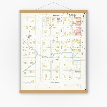 Old map wall art mockup — magnetic wood frame on white wall — Sanborn Fire Insurance Map from Clarinda, Page County, Iowa (1898), Sheet #0004