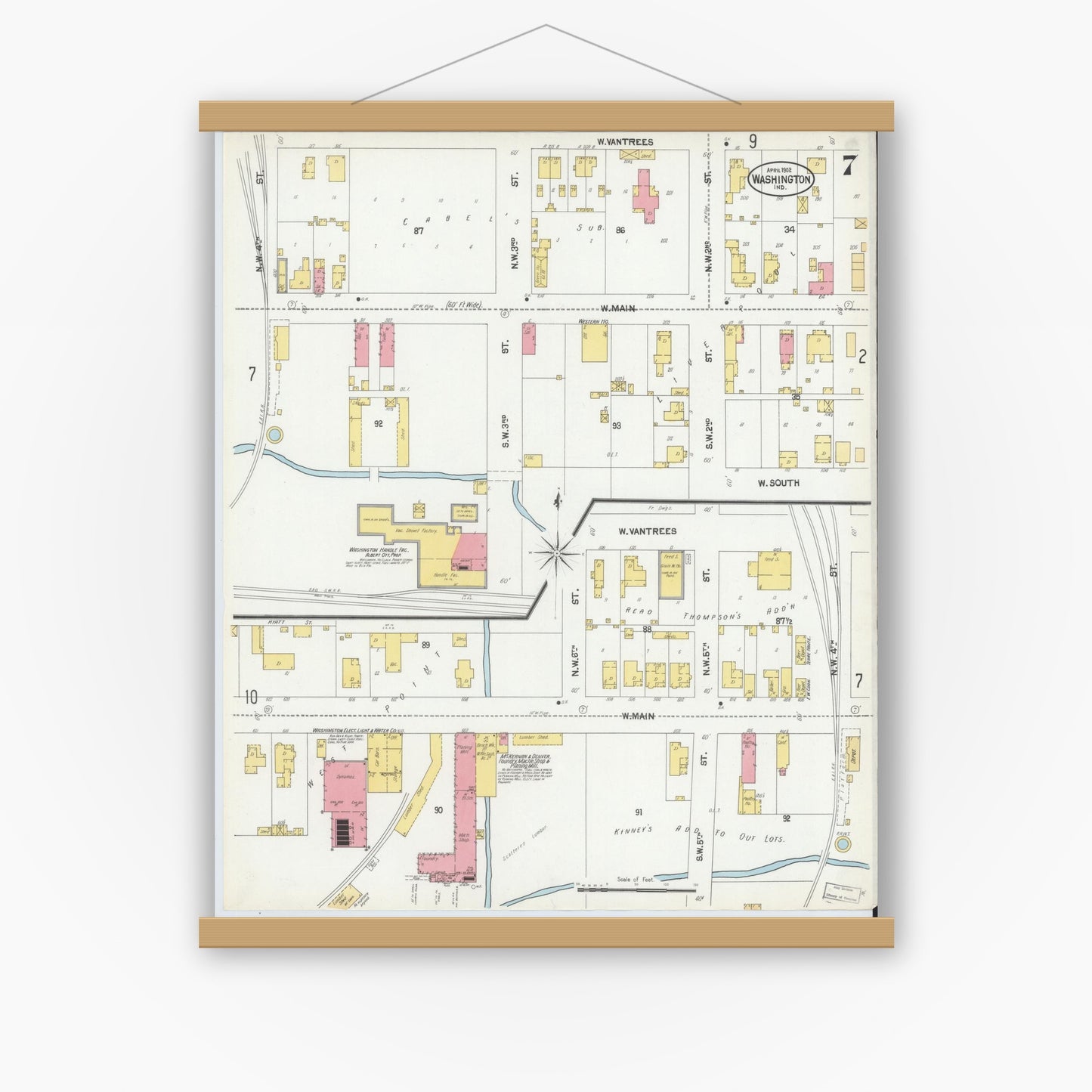 Old map wall art mockup — magnetic wood frame on white wall — Sanborn Fire Insurance Map from Washington, Daviess County, Indiana (1902), Sheet #0007