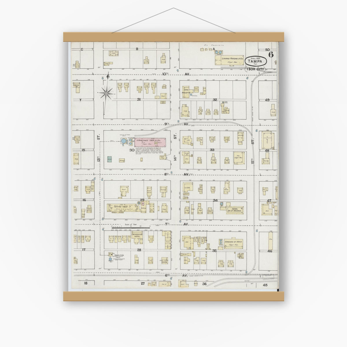 Old map wall art mockup — magnetic wood frame on white wall — Sanborn Fire Insurance Map from Tampa, Hillsborough County, Florida (1889), Sheet #0006